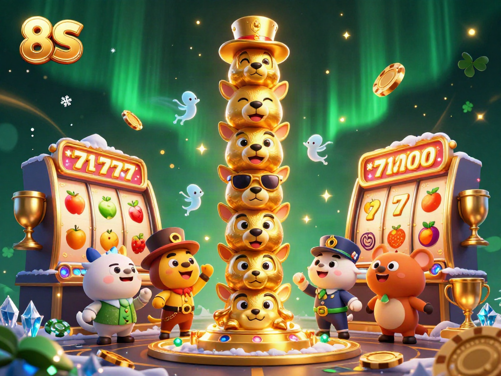 Engage with unique slots features in a vibrant 8S casino illustration with dynamic characters.