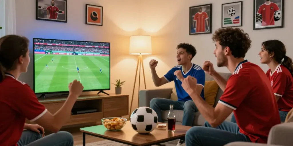 Socolive sports fan enjoying a live soccer match in a cozy setting.