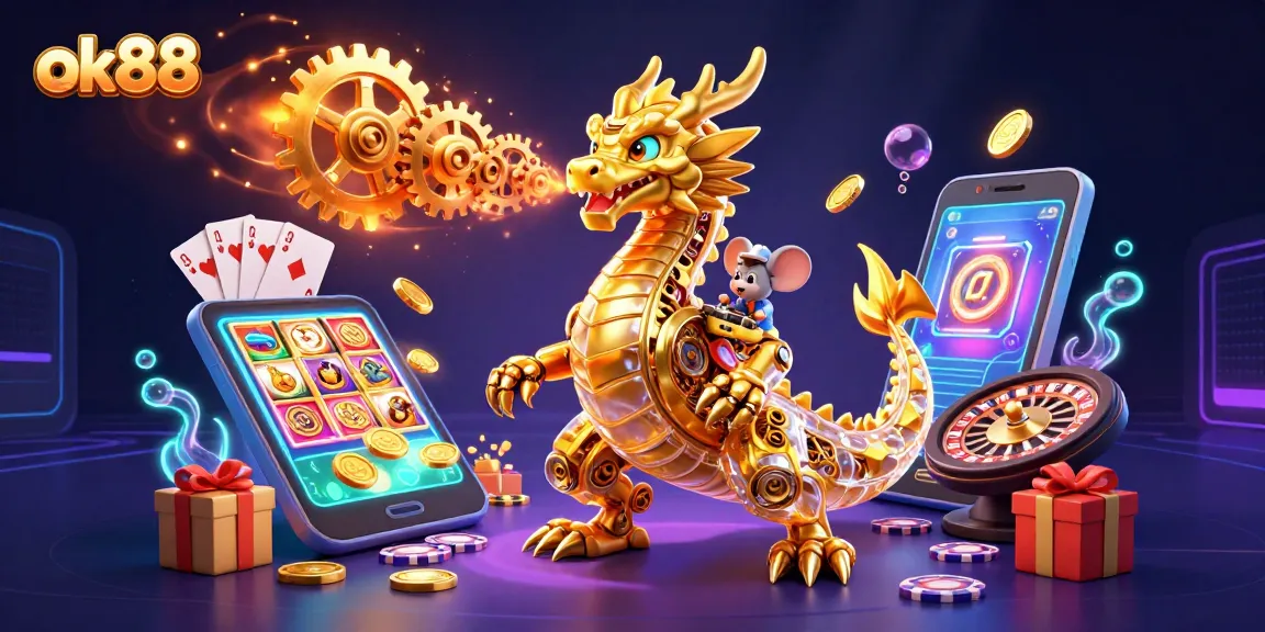 Engage with ok88 gambling excitement featuring a golden dragon and vibrant casino elements.