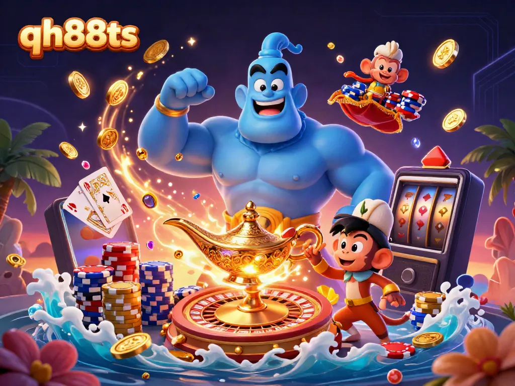 Experience thrilling moments at qh88ts with a genie, monkey, magic carpet, and casino elements.