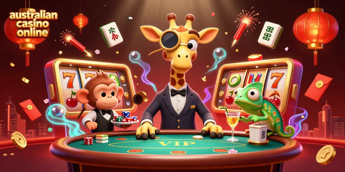 Immerse in the vibrant scene of australian casino online gaming with a high-roller giraffe at a poker table.