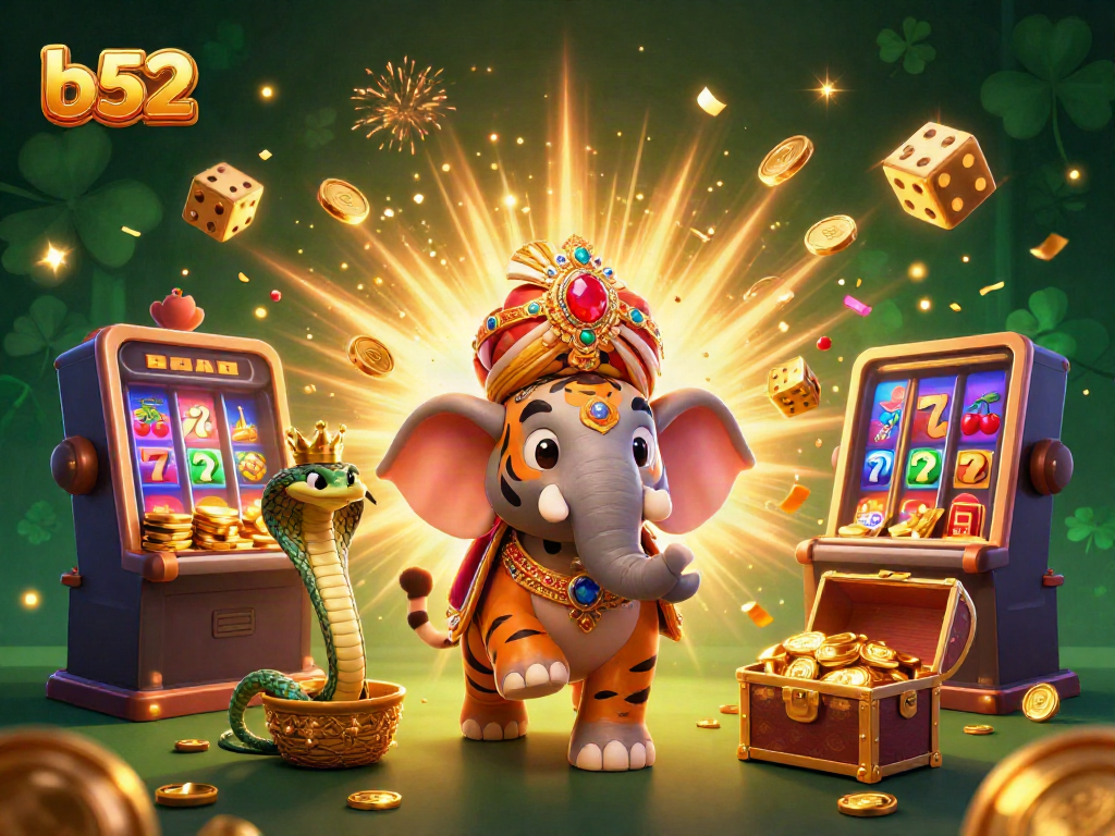 Experience the excitement of b52 with a vibrant 3D casino illustration featuring colorful games and rich prizes.