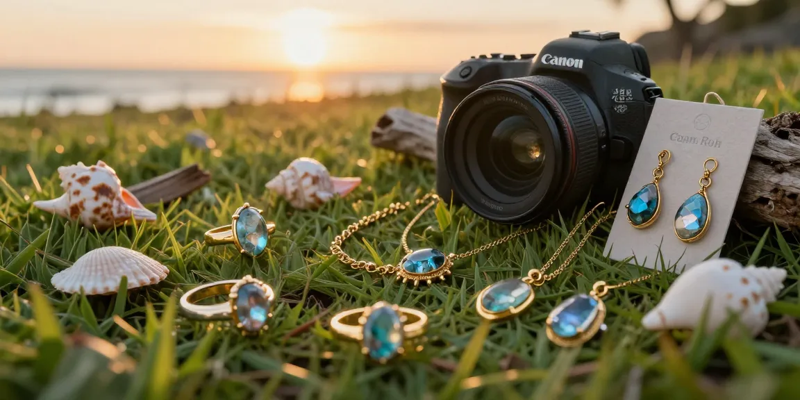Sustainable jewellery gifts showcasing natural gems against a serene beach backdrop, capturing elegance and eco-friendliness.