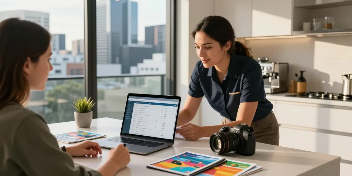 Managed hosting for Melbourne Airbnbs with a property manager and homeowner discussing listings in a modern kitchen, showcasing digital analytics.