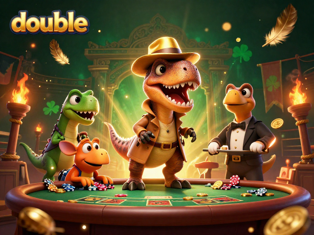 Engage with thrilling double action featuring a velociraptor in disguise at a vibrant casino table.