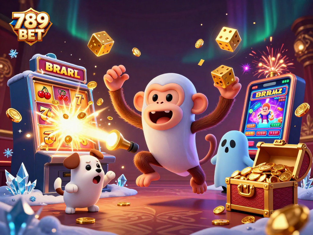 Experience the fun of 789 BET in a vibrant casino scene, featuring a mischievous poltergeist monkey and a ghost-hunter puppy.