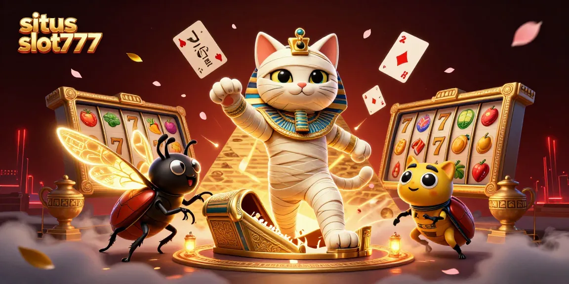 Experience the thrill of situs slot777 with the Egyptian mummy cat and scarab beetle in an engaging casino scene.
