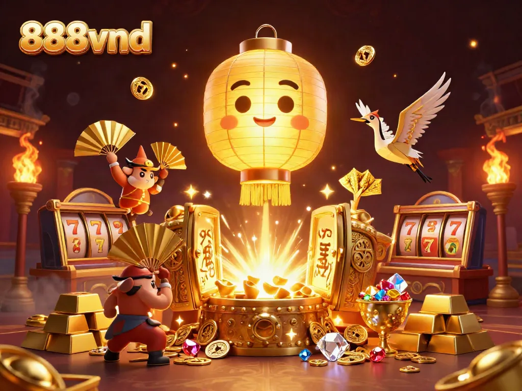 Experience gaming excitement with 888vnd, featuring a vibrant 3D illustration of a golden lantern spirit and casino elements.