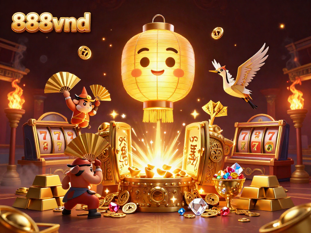 Experience gaming excitement with 888vnd, featuring a vibrant 3D illustration of a golden lantern spirit and casino elements.