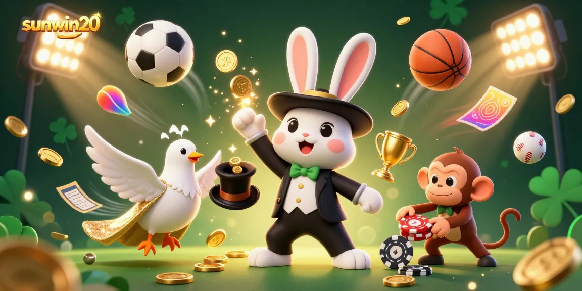 Join the fun at sunwin20 with a golden coin-pulling magician in a vibrant casino scene.
