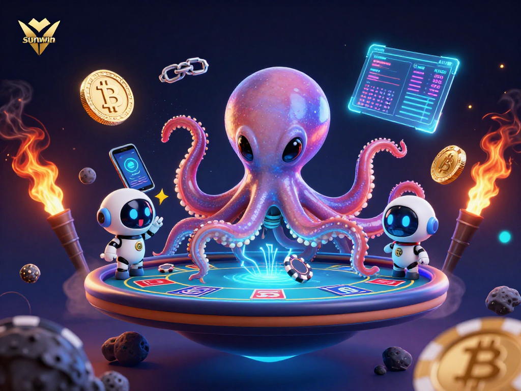 Engage with sunwin's gaming universe featuring a 3D alien octopus playing poker with cryptocurrency elements