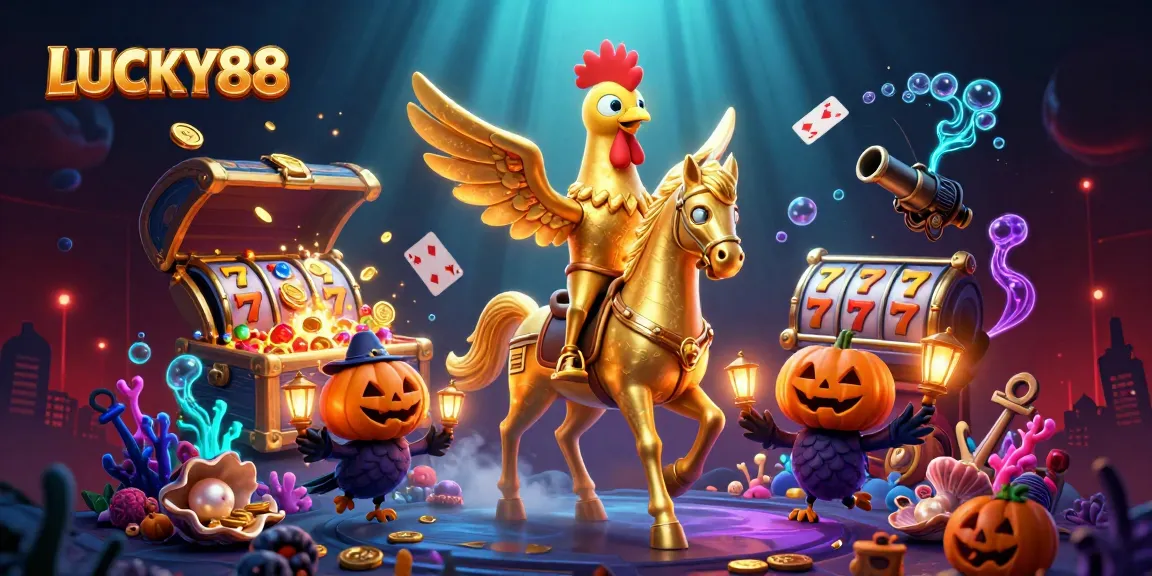 Spin to win with LUCKY88 in a vibrant casino scene filled with golden treasures and animated characters.