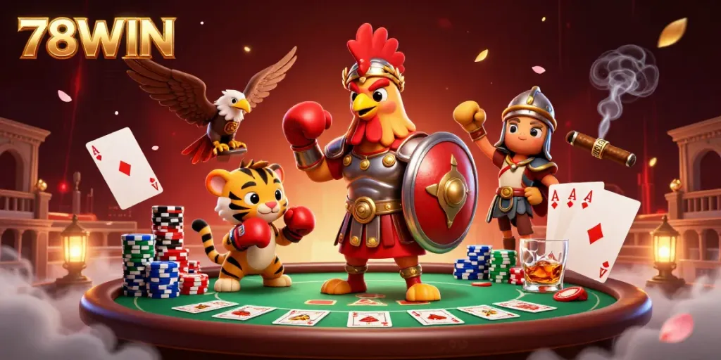 Experience the allure of 78WIN with a dynamic rooster gladiator in an intense poker scene.