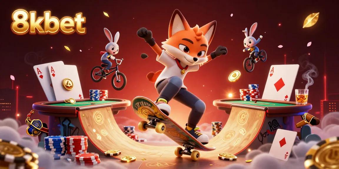 Experience thrilling gaming action with 8xbet as a fox skater performs tricks on casino-themed ramps.