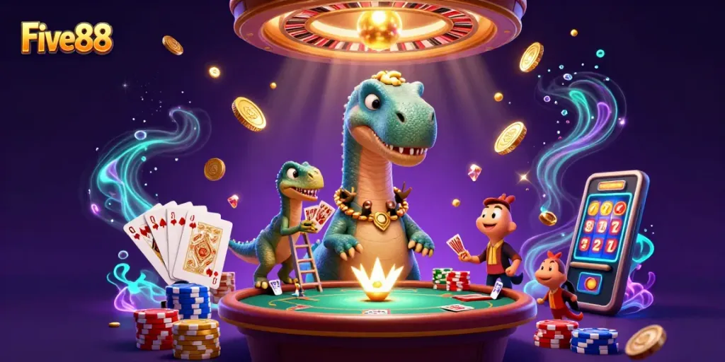 Experience exciting gaming thrills at Five88 with unique characters in an action-packed casino scene.