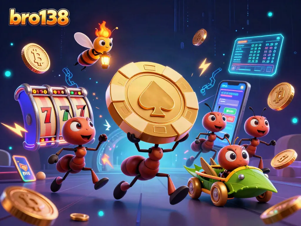 Join the heist with bro138's playful ants carrying a massive poker chip through a vibrant casino tunnel.