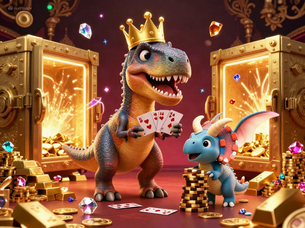 Cakhiatv's vibrant casino scene features a cartoon T-Rex shuffling cards with joy and excitement.