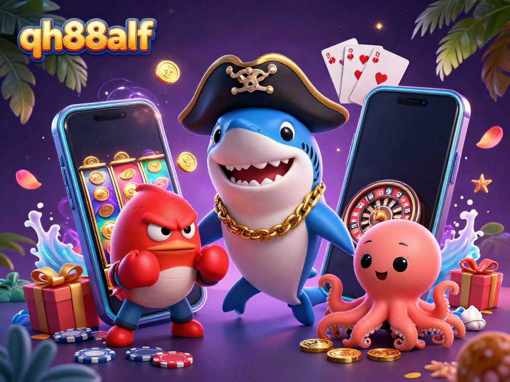 Engage in thrilling casino action at qh88alf with cartoon characters diving into a vivid gaming adventure.