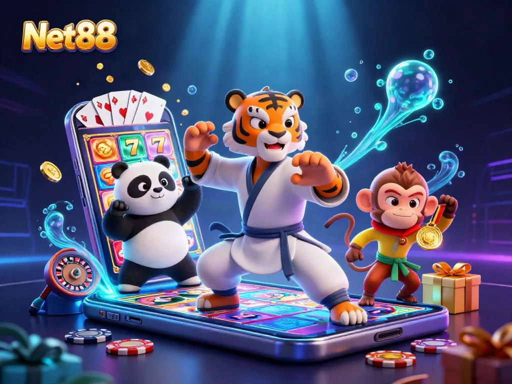 Experience thrilling gambling action with vibrant Net88 casino illustration featuring games and characters.