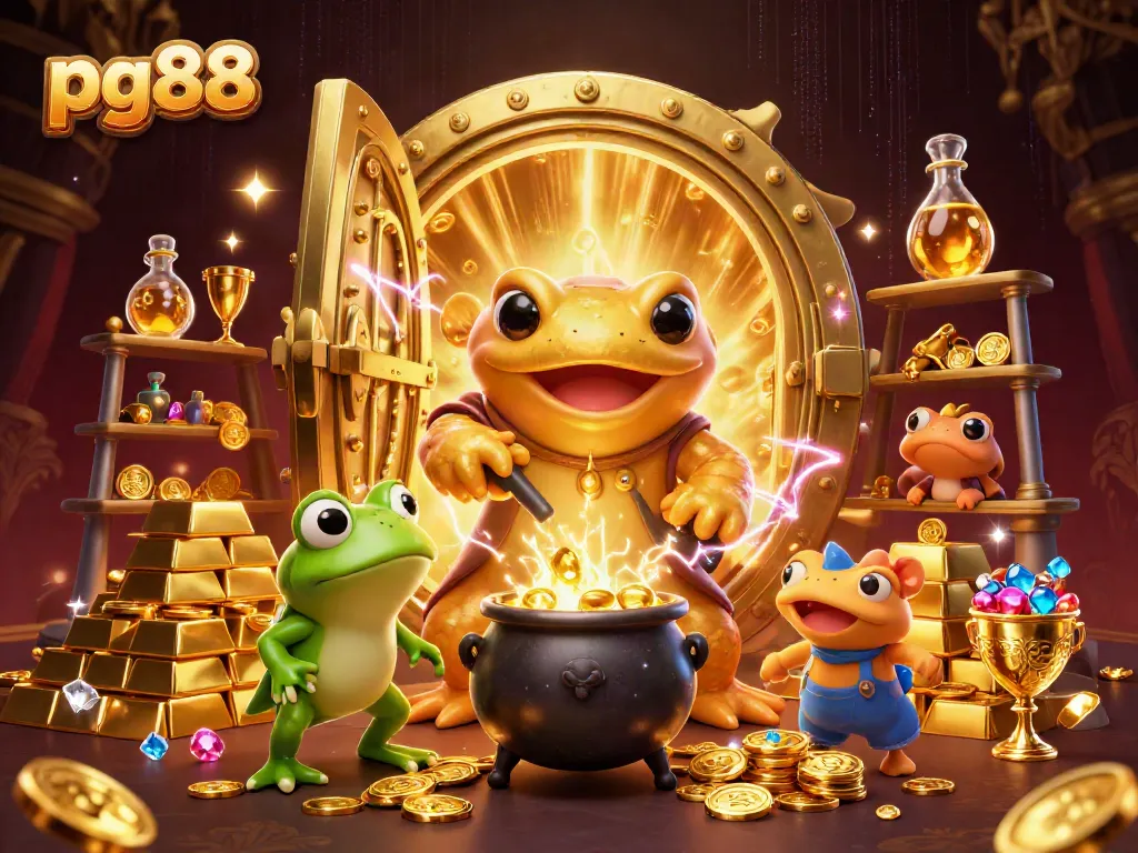 Engage with pg88 as the giant salamander alchemist transforms metals into gold in a vibrant casino scene.