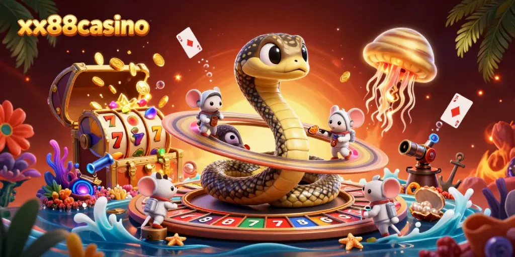 Experience thrilling gaming adventures at xx88casino with a vibrant cosmic casino scene.
