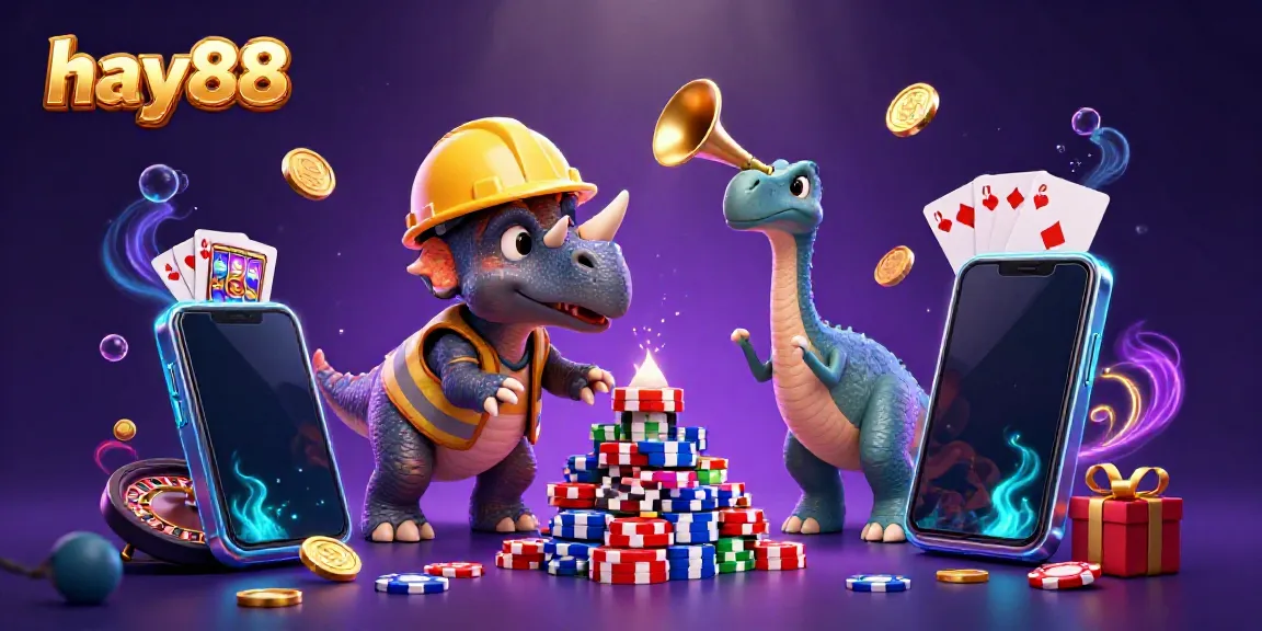 Experience the excitement of hay88 with a vibrant 3D casino scene featuring a triceratops building poker chips.