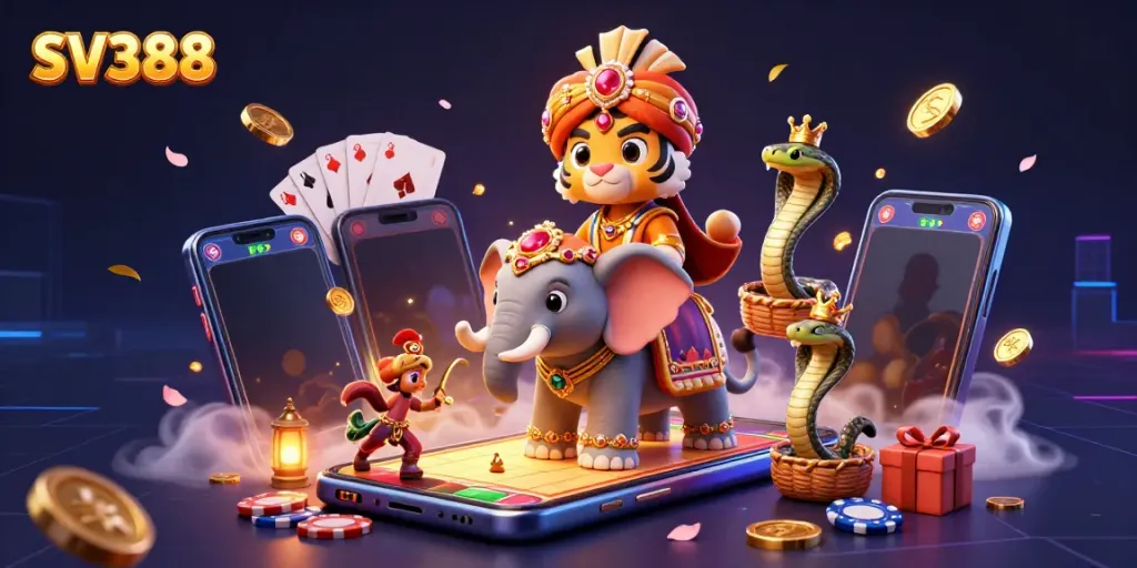 SV388 interactive cockfighting scene with a maharaja tiger, elephant, and cobra amidst gaming elements.
