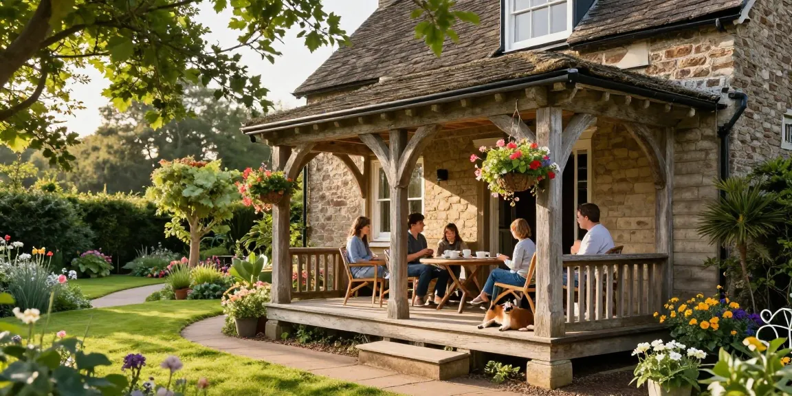 oak frame porch showcasing intricate design with family enjoying tea