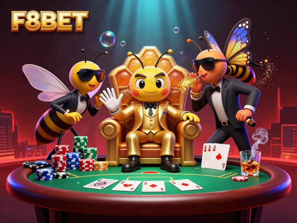 Engage with F8BET's thrilling poker scene, featuring a buzzing bumblebee mob boss amidst a flurry of chips and cards.
