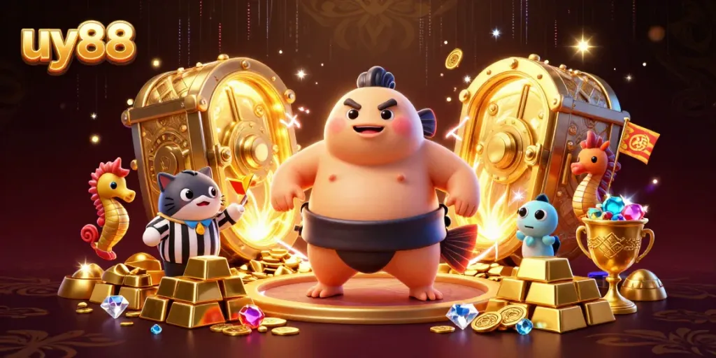 Experience the excitement of uy88 with a vibrant underwater casino scene featuring a fugu and treasures.