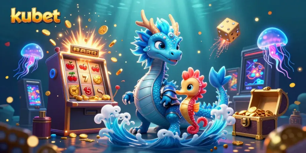 Experience the thrill of kubet with a vibrant underwater casino scene featuring playful dragons and glowing jellyfish.