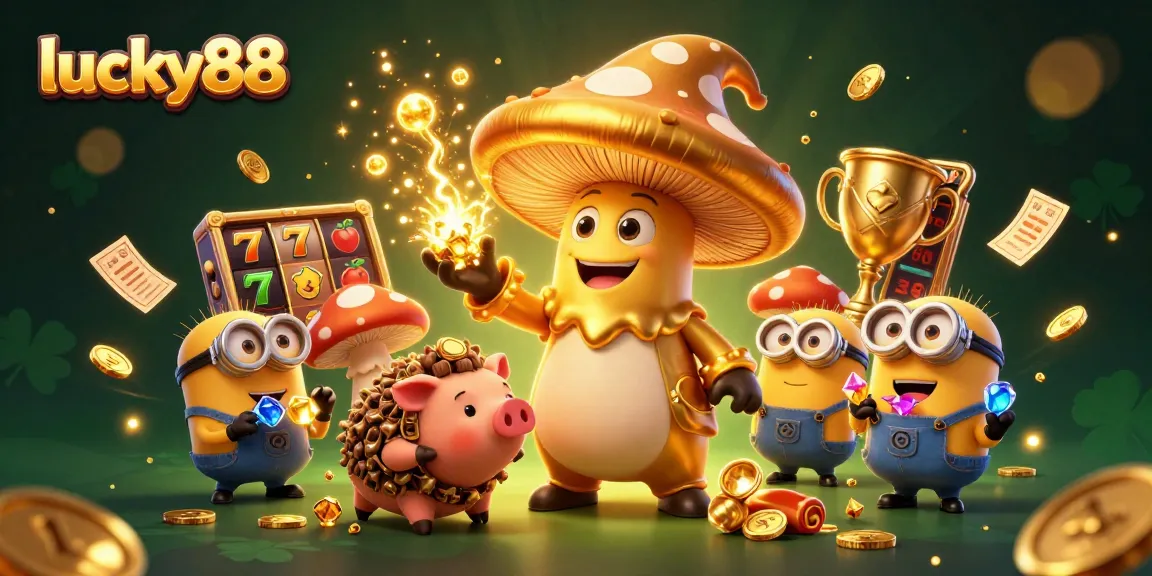 Experience the magical allure of lucky88 with a golden mushroom wizard and exciting slot game elements.