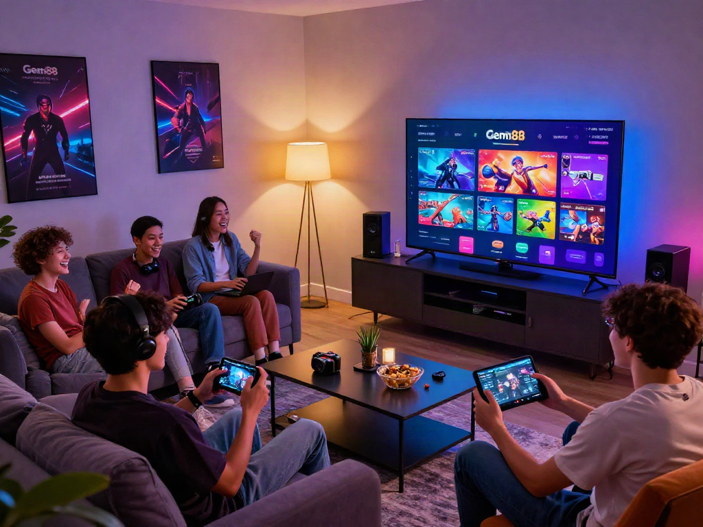 Online gaming with friends enjoying Gem88's diverse gaming options in a cozy setting.