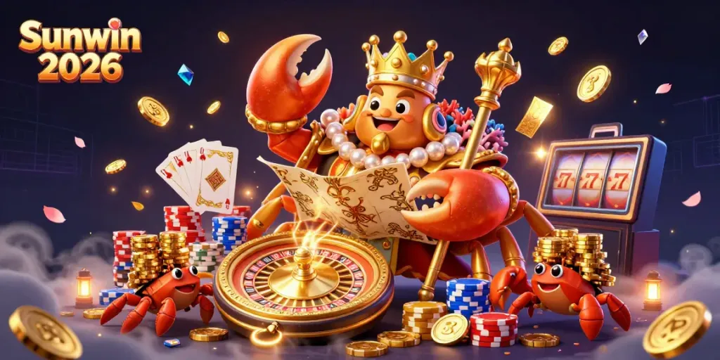 Experience thrilling gameplay in Sunwin 2026 with the dazzling golden crab emperor in a vibrant casino scene