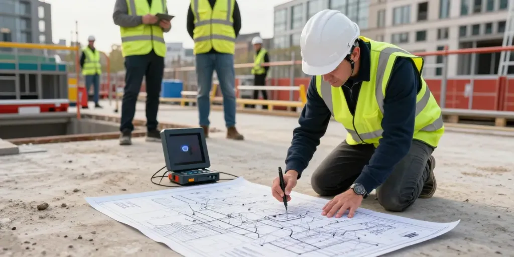 Underground Utility Survey London - Surveyor detecting utilities on site with GPR equipment.
