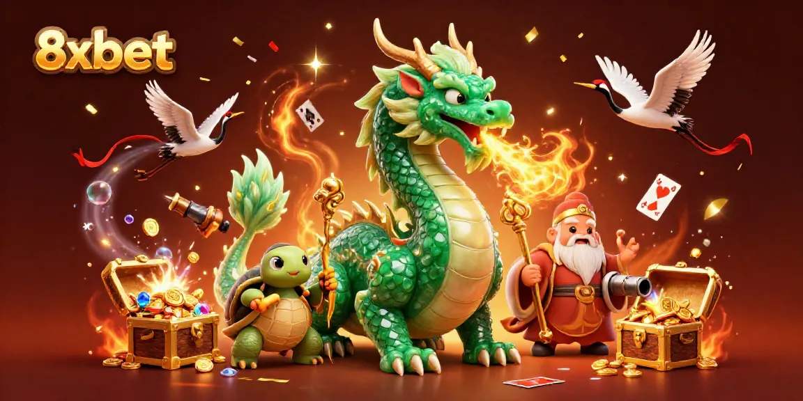 Experience thrilling gameplay at 8xbet featuring an emerald dragon, lucky symbols, and underwater treasures.