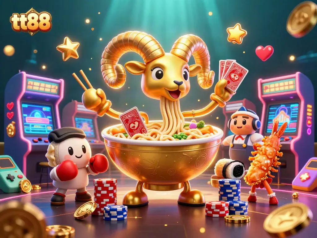 Engage with the vibrant world of tt88, featuring a golden ramen bowl dealer amidst exciting casino elements.