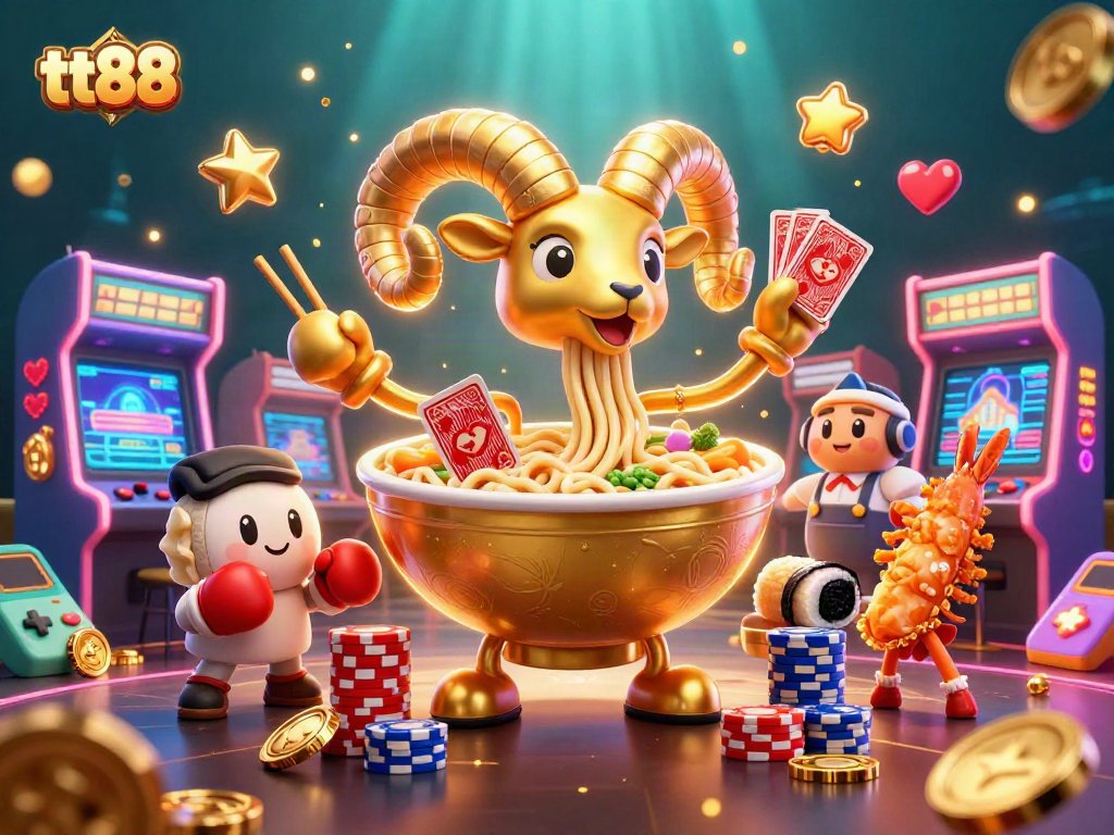 Engage with the vibrant world of tt88, featuring a golden ramen bowl dealer amidst exciting casino elements.