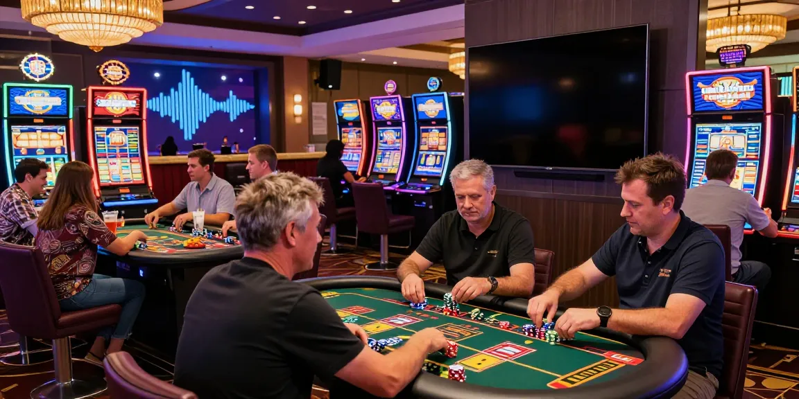 Exciting non GamStop casino scene with players at vibrant gaming tables and slot machines.