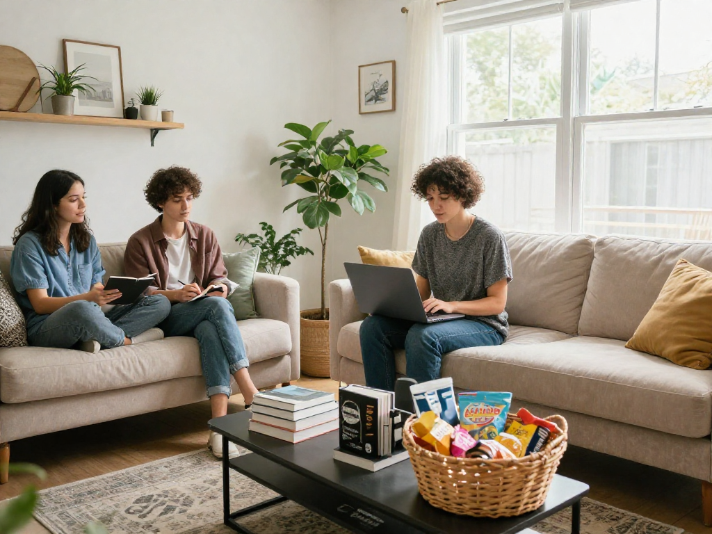 How much does Airbnb take from hosts in a welcoming living room setup highlighting a host interacting with guests.