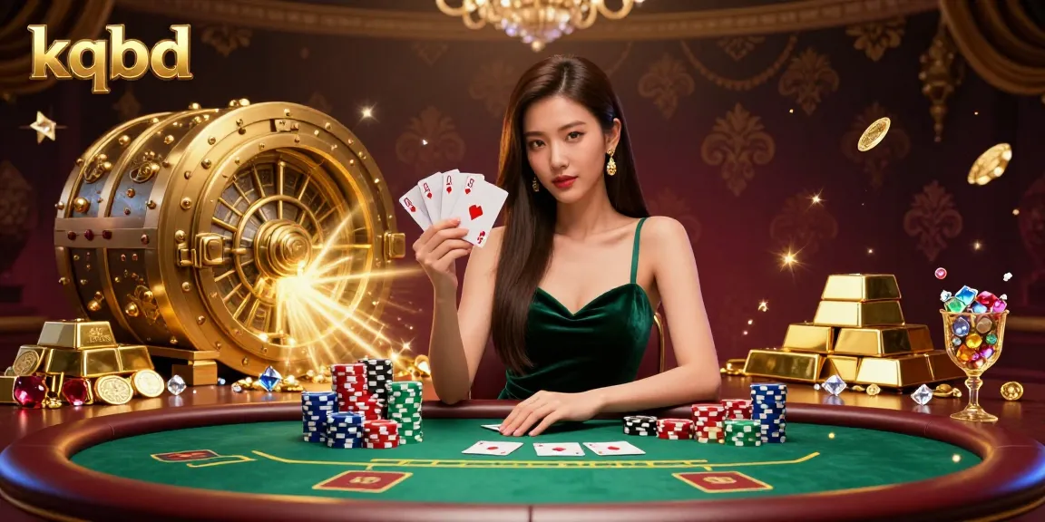 Experience KQBD with a beautiful Asian woman at a luxury poker table surrounded by dazzling treasures.