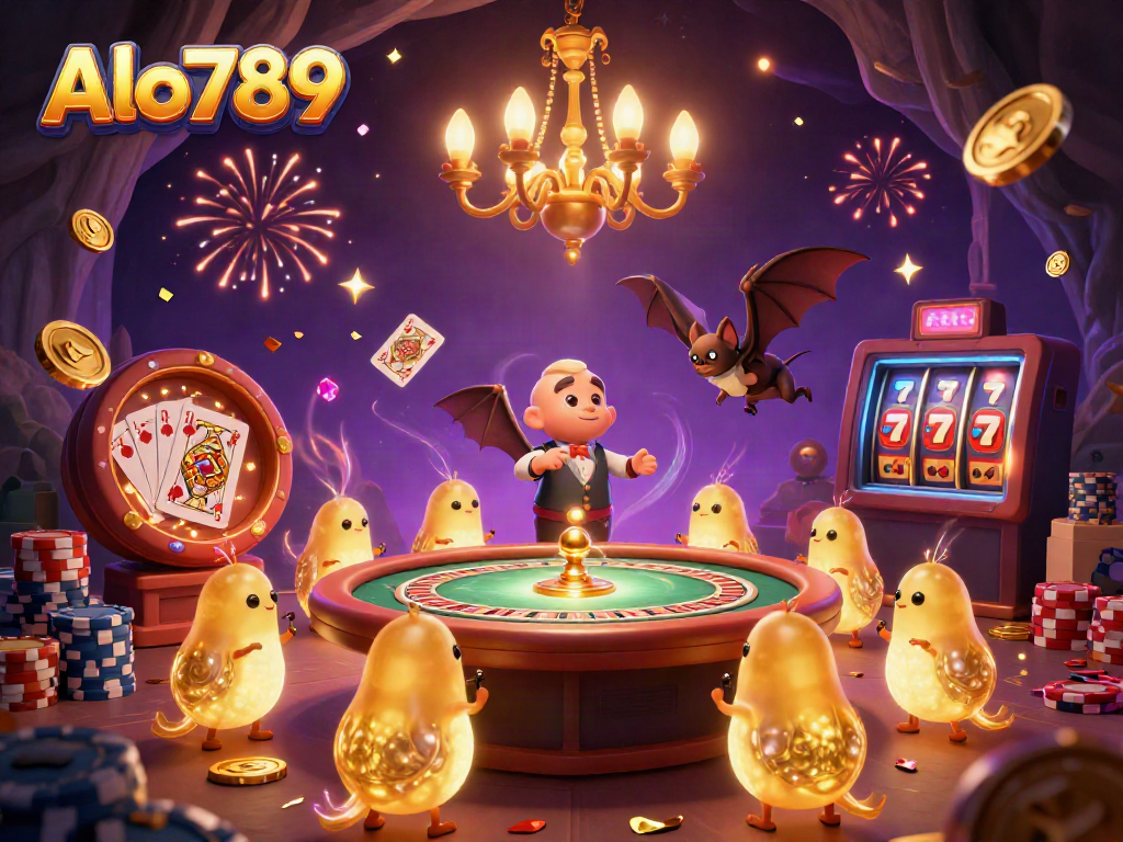 Alo789 casino scene showcasing glowing worms illuminating games, featuring bright roulette, poker, and festive elements.
