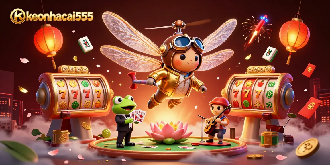 Engaging scene of keonhacai555 showcasing a dragonfly pilot, frog croupier, and vibrant casino elements.