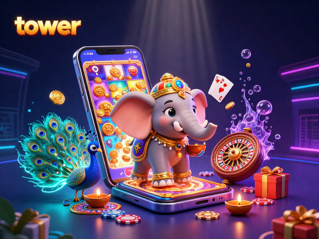 Engage with tower gameplay through vibrant 3D illustration of a colorful casino scene with characters.