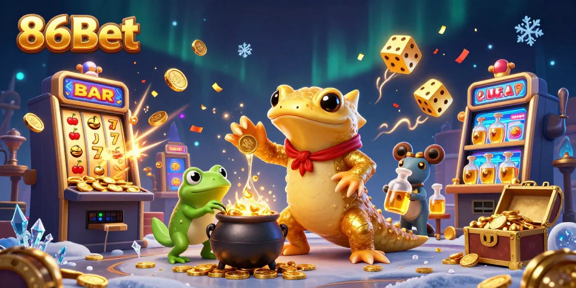 Experience the magic of 86Bet with vivid illustrations of a golden salamander alchemist and thrilling casino elements.