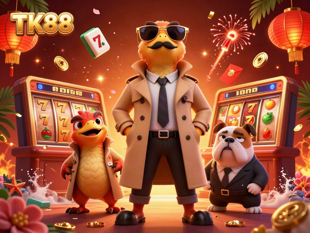 Experience the excitement of TK88 with playful raptors and dynamic casino imagery.