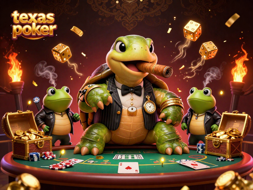 Engage in thrilling texas poker action with a snapping turtle mobster and bullfrog enforcers.