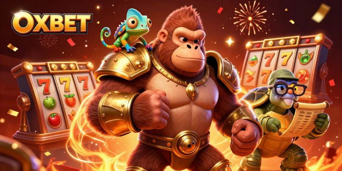Experience thrilling wins at OXBET with an illustrated casino scene featuring a powerful gorilla king.