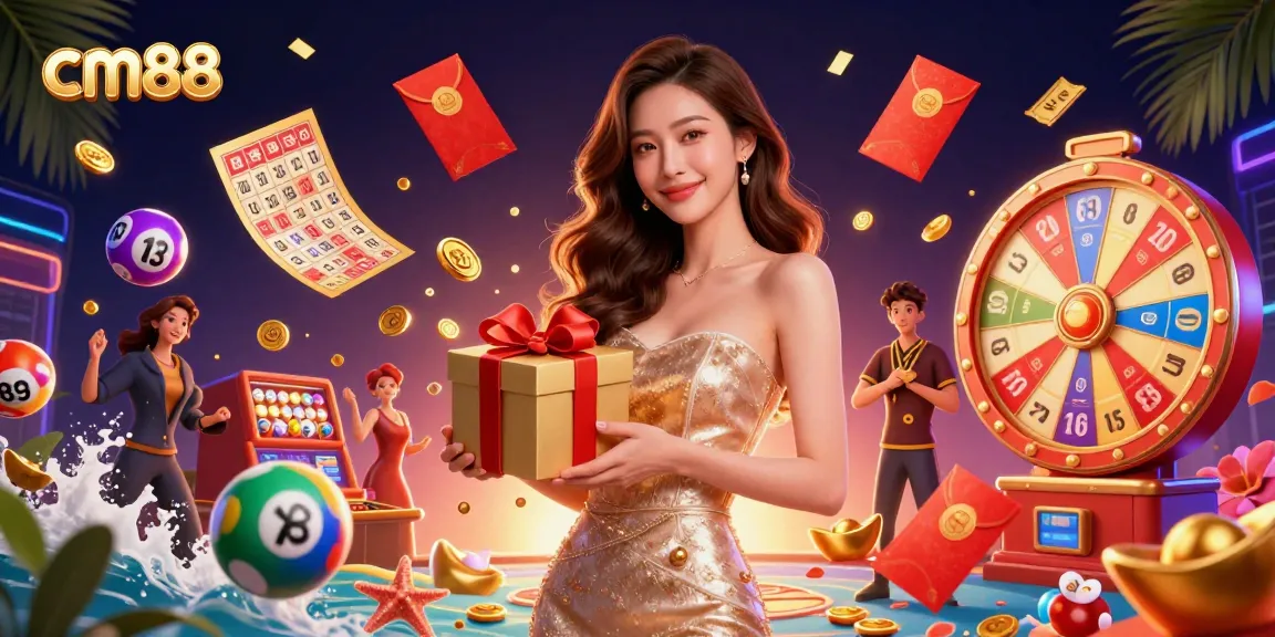 Exciting cm88 casino scene featuring a woman holding a gift box with golden coins, surrounded by lottery elements.