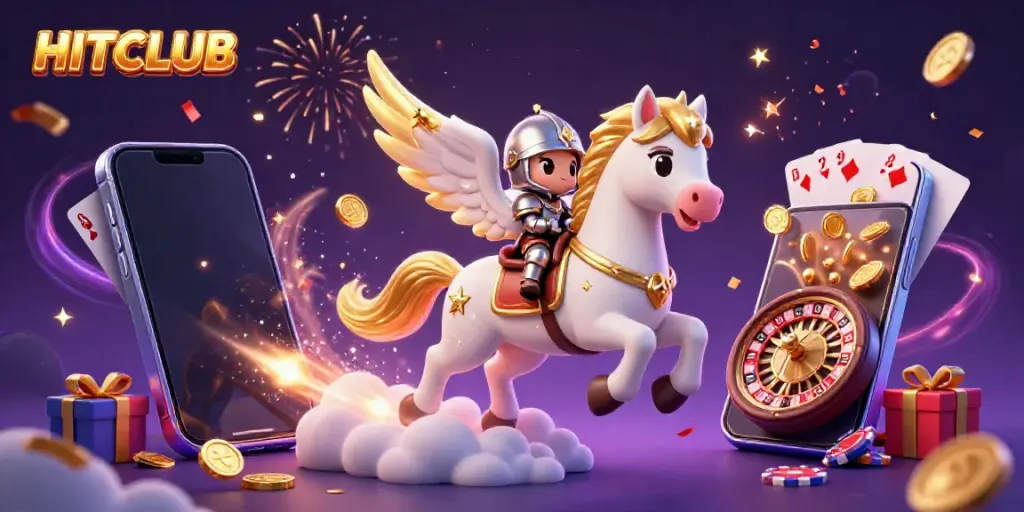 Experience exhilarating gameplay at HITCLUB with a vibrant scene of a knight and a celestial horse amidst slot games, confetti, and celebration.